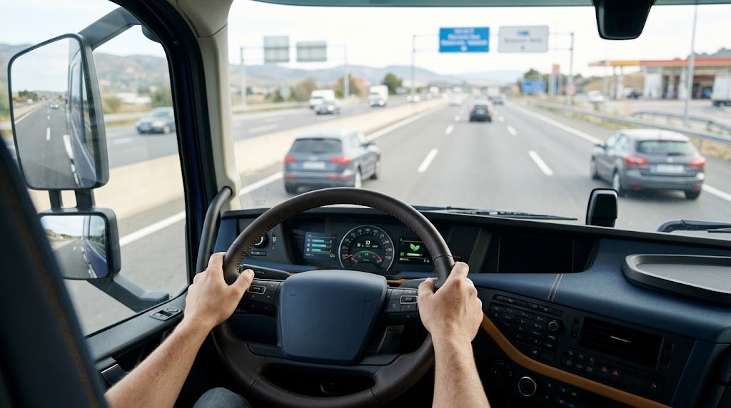 Conductor de camión en autovía con pantalla de conducción eficiente en el salpicadero
