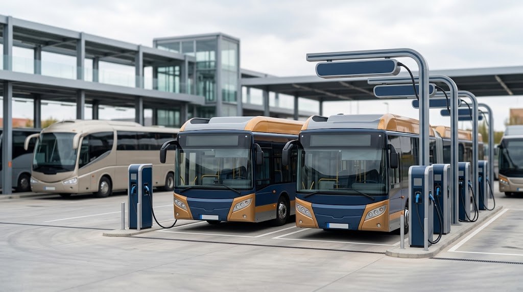 Autobuses eléctricos cargando en una cochera con autocares al fondo